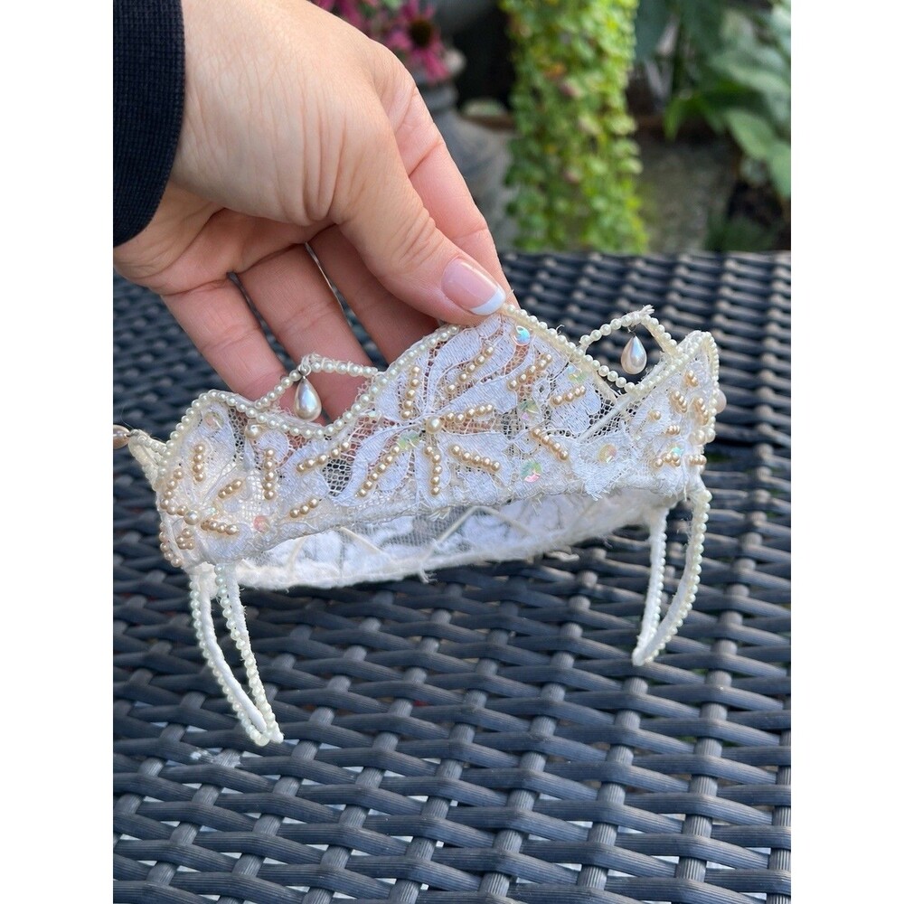 1950s 60s Vintage Bridal Crown Tiara Lace Pearl Sequin Wedding Headpiece